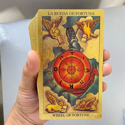 Spanish & English Golden Foil Tarot Deck – 12x7cm Prophecy Cards for Beginners with 2-Language Guidebook