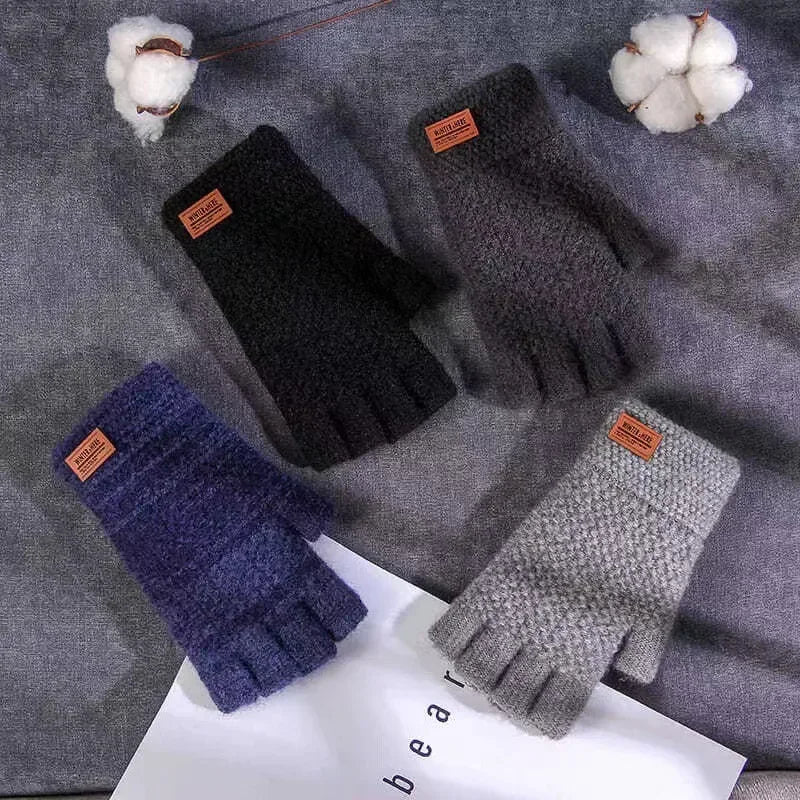 Winter Fingerless Gloves for Men – Knitted Wool Half Finger Gloves for Writing, Office, Driving & Outdoor Use