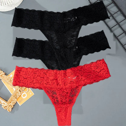 3PCS Lace Floral Women’s Panties - Low Waist Breathable Briefs & Thong, Sexy G-String Transparent Underwear (M-2XL)