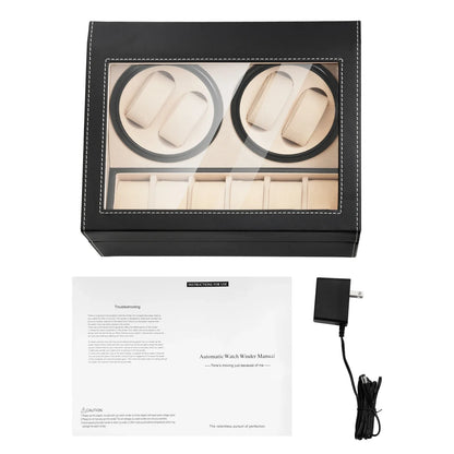 4+6 Slot Automatic Watch Winder – Leather & Wood Luxury Display Case with Pillow, Black/Brown