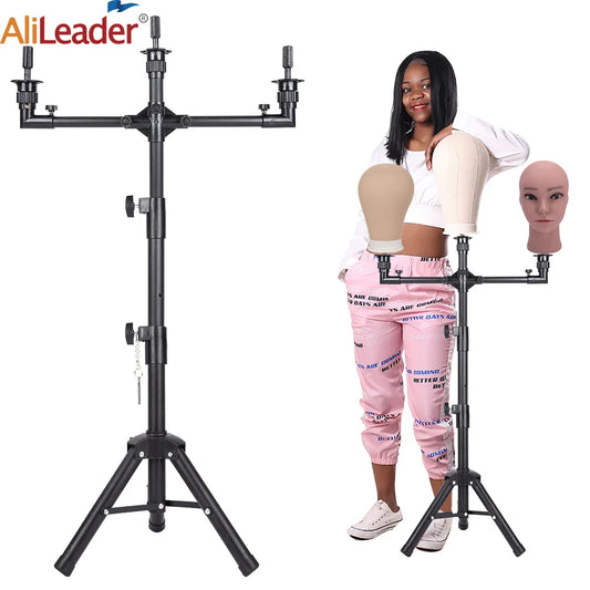 Multifunction Wig Stand — 3-Holder Tripod for Mannequin Heads, Training Dolls & Canvas Blocks