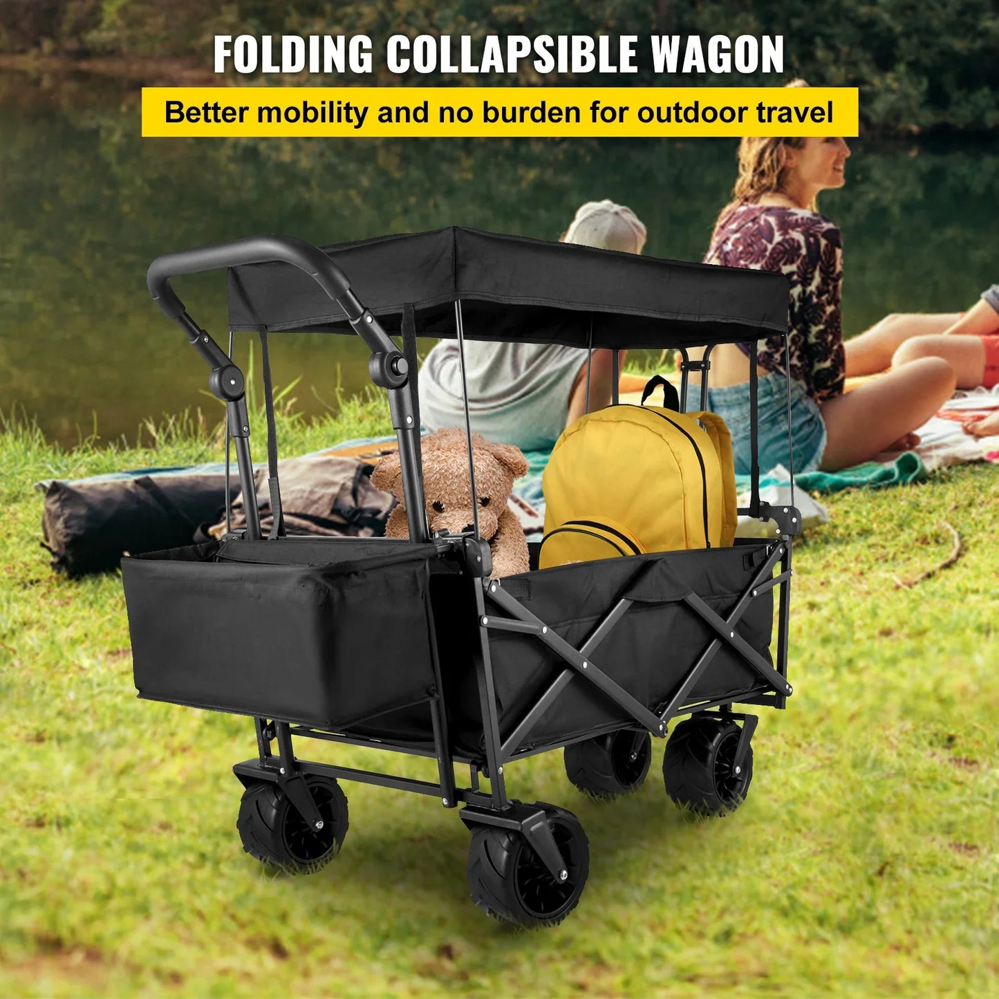 VEVOR Folding Wagon Cart with Adjustable Handle & Removable Canopy – Collapsible Oxford Cloth Utility Cart for Camping, Beach & Outdoor Use