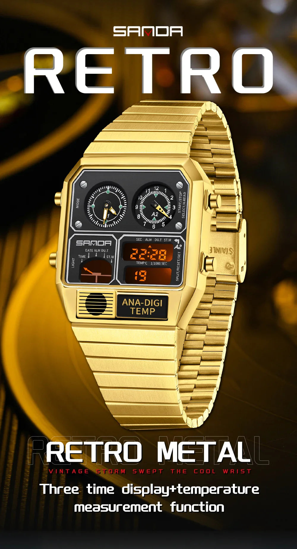 SANDA 3192 Men’s LED Square Watch — Youth Casual Multi-Function Stopwatch Thermometer Chronograph