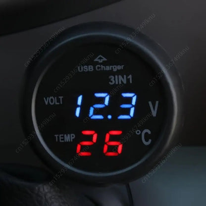 3-in-1 Car Charger & Voltmeter – 12/24V USB Charger with Thermometer, LED Digital Display & Current/Volt Detector