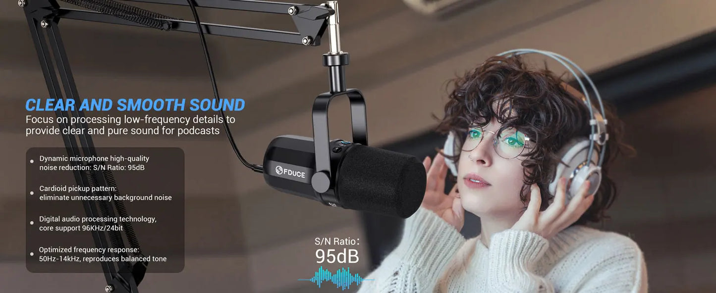 FDUCE SL40+ USB/XLR Dynamic Microphone Kit – Built-in Headset Output, Sound Insulation & Arm Stand for PC, PS5/4, Mixer