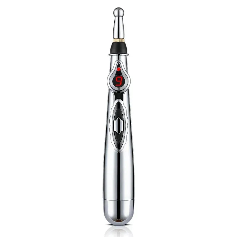 Electric Massage Pen – Adjustable Battery-Powered Muscle Relaxer for Body, Back & Hands, Silver