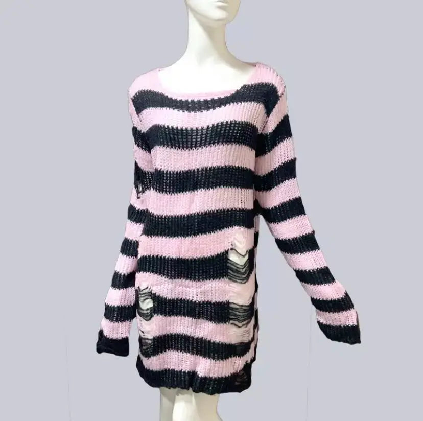 New Punk Gothic Long Unisex Sweater - Summer Striped Hollow Out Jumper, Loose Rock Thin Top for Women, Dark Streetwear