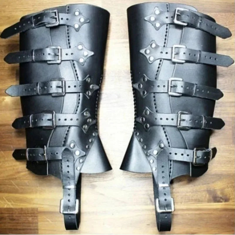 Medieval Knight Warrior Shin Guards, Leather Strap Armor Gaiters & Boot Covers, Renaissance LARP Costume Greaves & Spats Accessories