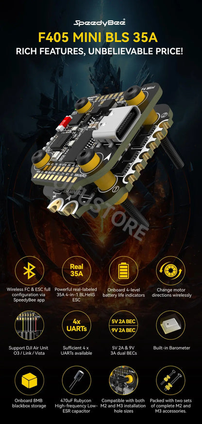 SpeedyBee F405 Mini 20x20 Stack — BLS 35A Flight Controller + BLS 35A Mini V2 4-in-1 ESC for FPV Racing Drones