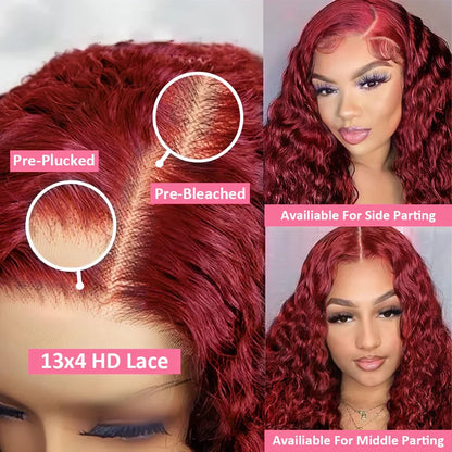 99J Burgundy Deep Wave Lace Front Wig – High Density Curly Red 13x6 HD Transparent Frontal Human Hair