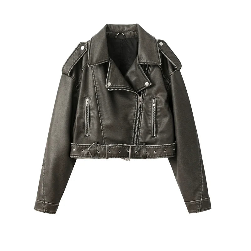 RARF 2024 Women's Washed Leather Jacket – Coal Gray Short Coat with Belt, Vintage Lapel & Zipper