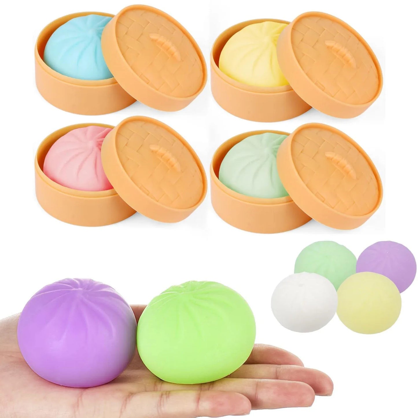 Colorful Dumpling Squishy Stress Balls – Fidget Sensory Toy, Food Simulation Bun with Steamer, Squeeze Dough Ball Gift