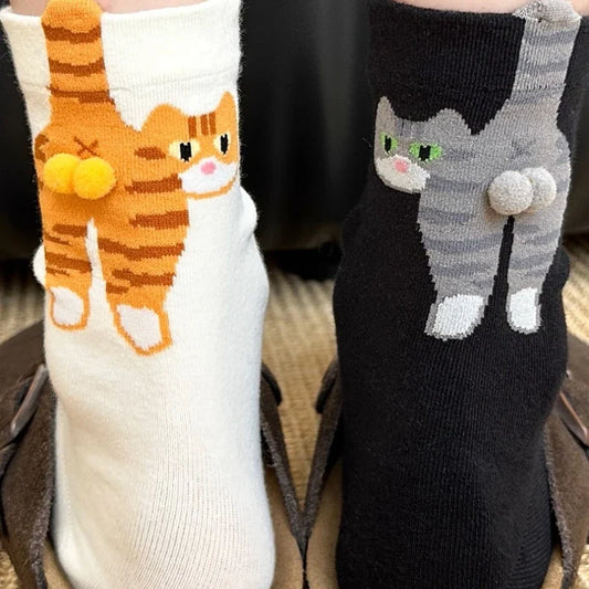 Funny 3D Cat Socks - 4-Piece Set of Quirky Cotton Cartoon Crew Socks for Gifts