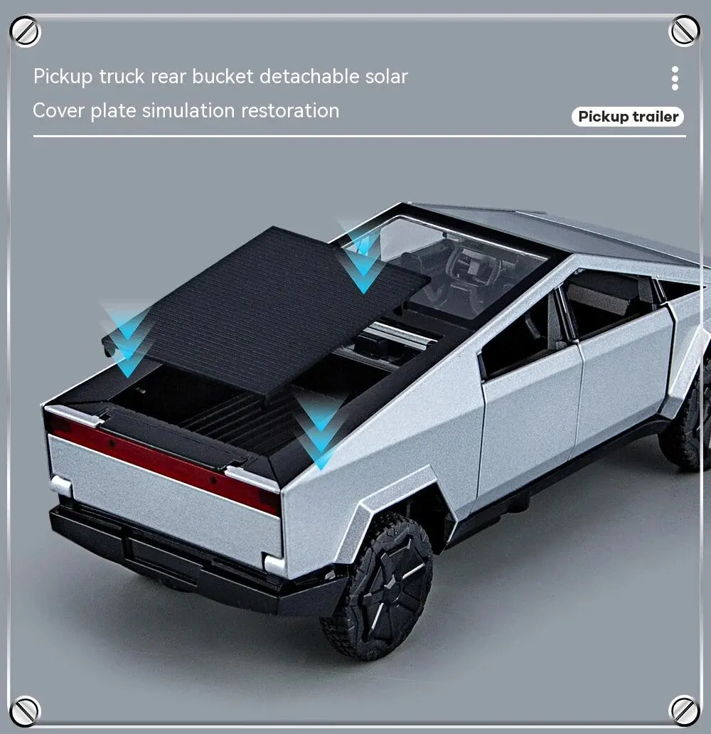 1:32 Cybertruck Diecast Toy Truck for Boys – Silver Pickup with Sound & Light, Metal Model Car for Kids Age 3+