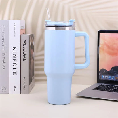 40oz Stainless Steel Insulated Water Bottle with Handle – Cold-keeping Tumbler with Lid, Straw, and Mug for Summer Outdoor Activities