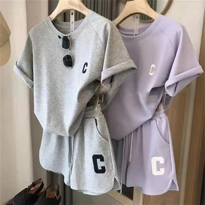 Women’s 2-Piece Summer Lounge Set – Loose Fit Short Sleeve T-Shirt & Casual Shorts Pajama Set, Letter Print Sports Outfit Plus Size