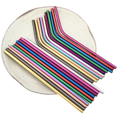 Colorful 304 Stainless Steel Reusable Straws Set — Metal Drinking Straws with Cleaning Brush for Cocktails & Glasses