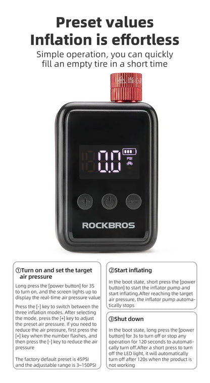 ROCKBROS 150 PSI Portable Bike Air Pump – Digital Tire Inflator, Rechargeable Mini Compressor