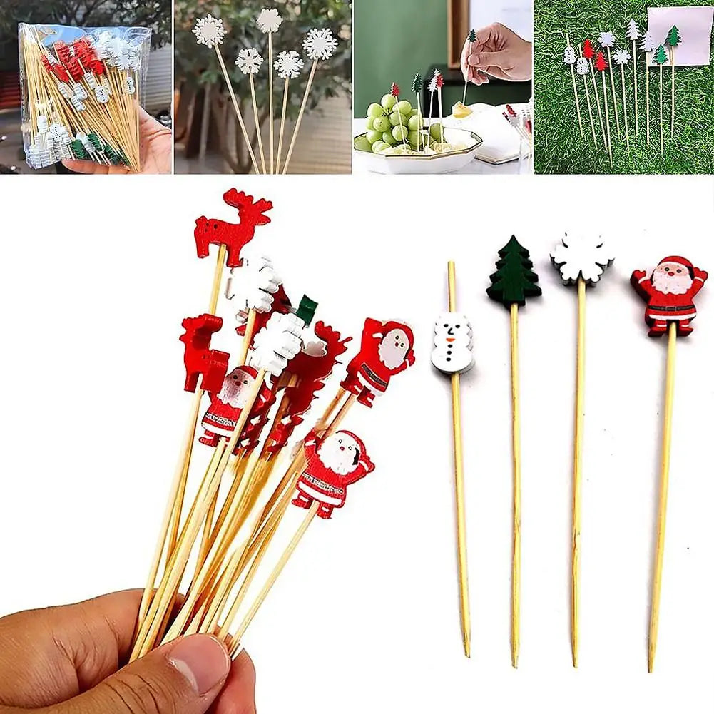 50PCS Christmas Bamboo Cocktail Picks – Santa, Snowflake & Tree Toothpicks for Drinks, Fruits, Desserts & Holiday Party Decorations 2024