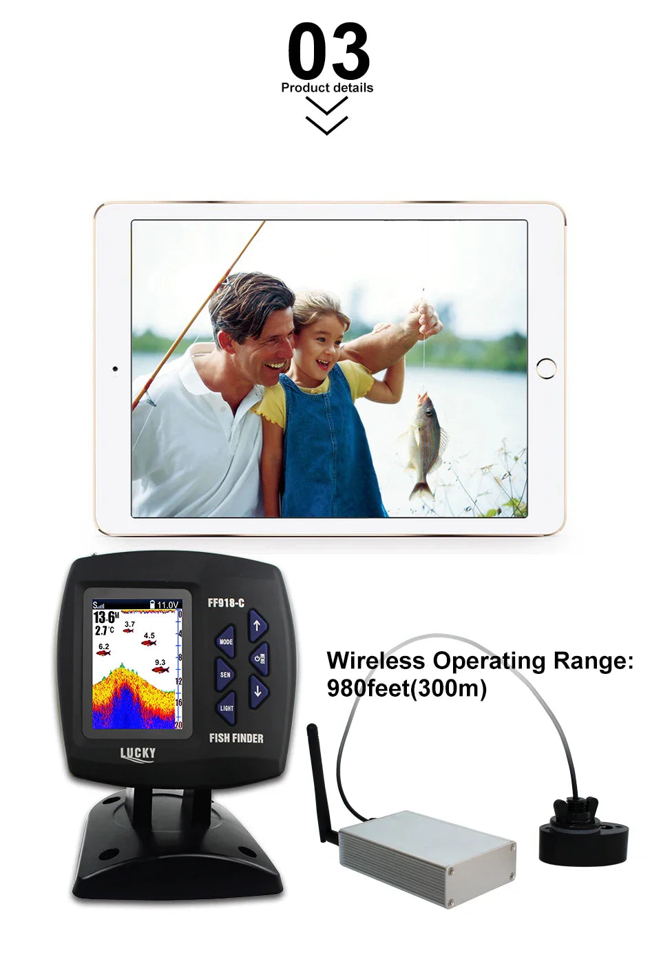 LUCKY FF918-CWLS Wireless Fish Finder – 980 ft Range, 45° Operating Range for Fishing Boats
