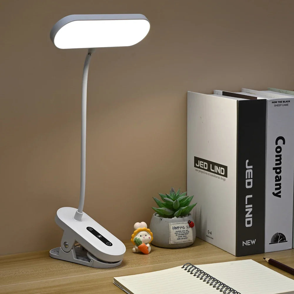 Clip-On LED Desk Lamp – Portable Book Light with Stepless Dimming, 1200mAh Eye Protection for Reading & Study