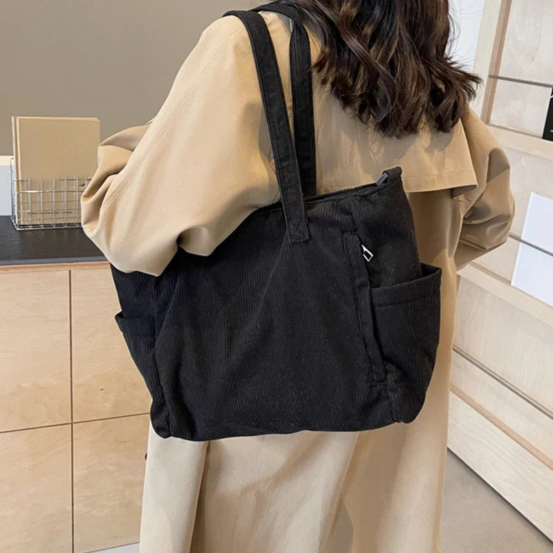Corduroy Tote Bag - Women's Multi-Pocket Crossbody Shoulder Bag with Adjustable Strap