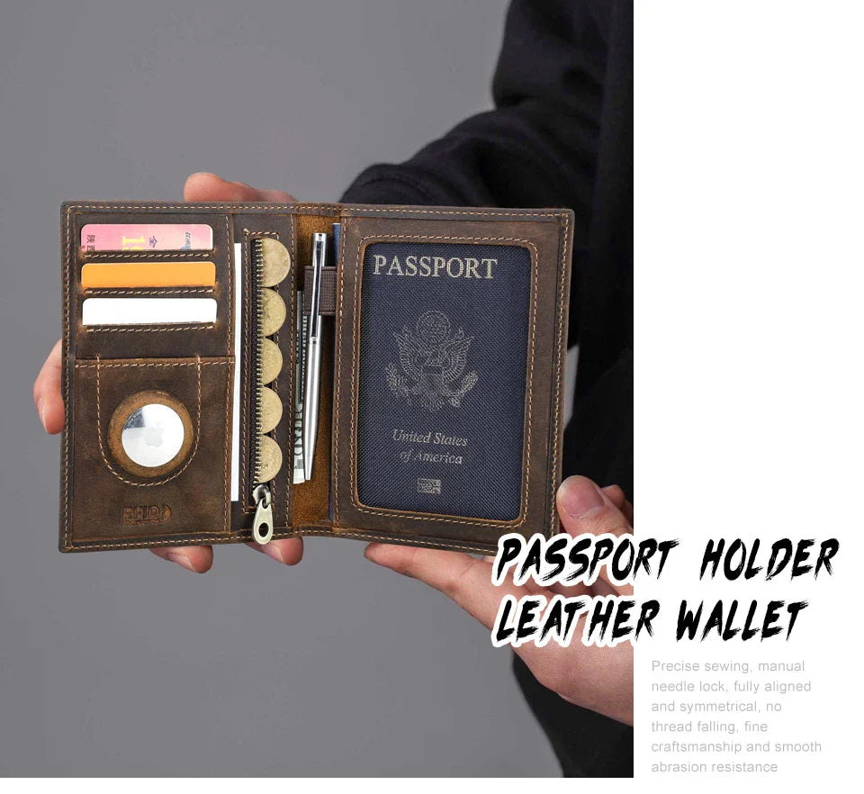 Genuine Cow Leather Passport Holder with AirTag Case – RFID Blocking Travel Wallet with Pen, Card Holder & Anti-Lost Pocket