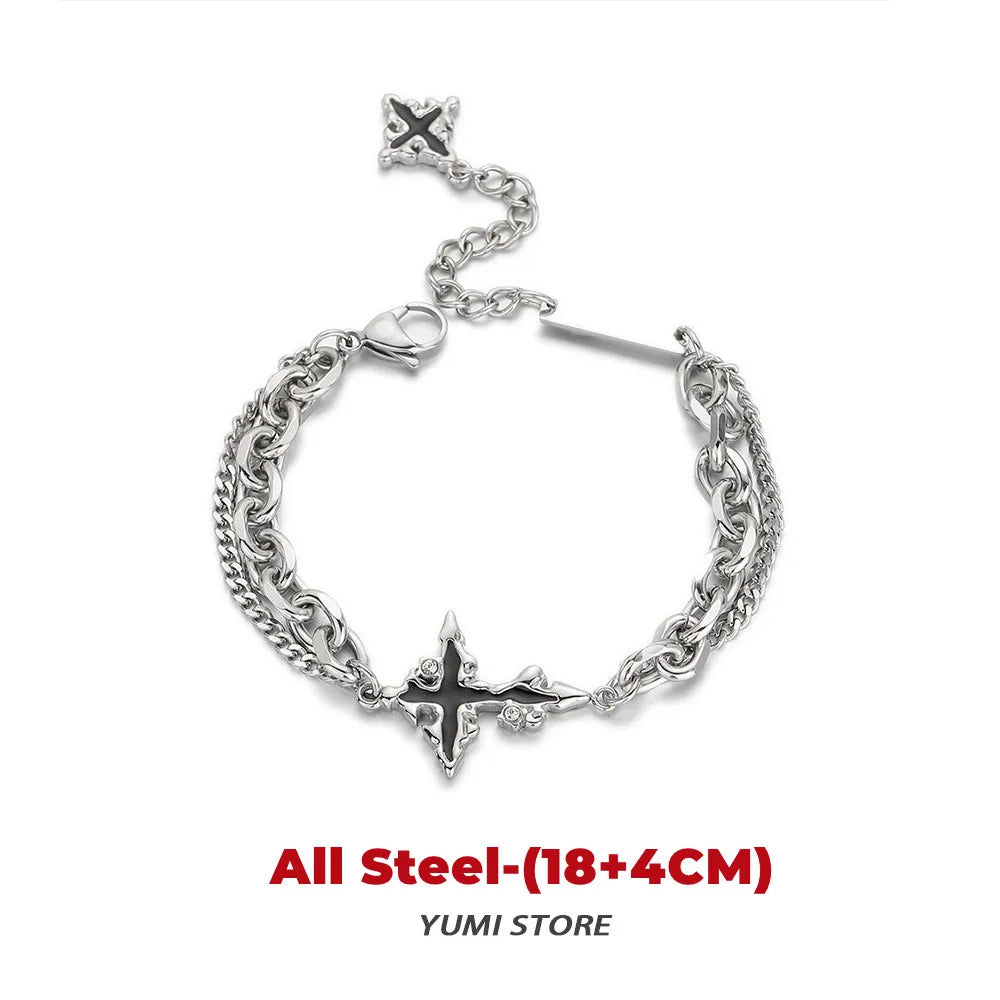Retro Flame Cross Bracelet - Unisex Hip Hop Titanium Steel Splice Chain Charm, Kpop Luxury Jewelry for Men & Women
