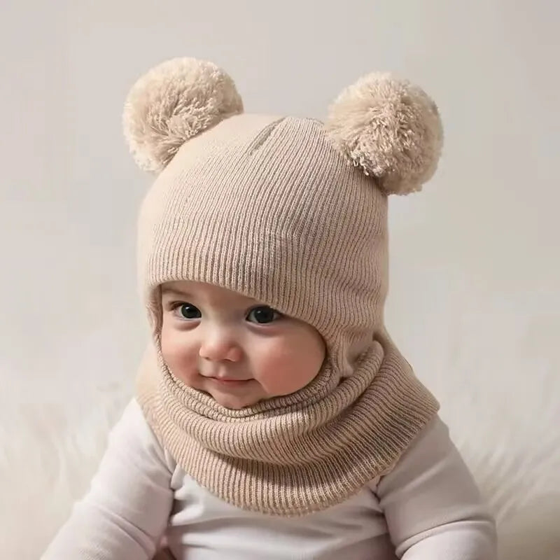 Kids Winter Hooded Knitted Hat - Warm Double-Ball Cap with Ear & Neck Protection