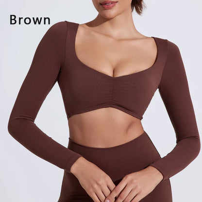 DIAS FIT JOY Women’s Nylon Gym Top – Long-Sleeve Pleated Yoga & Sports T-Shirt, Waist-Fitting Activewear