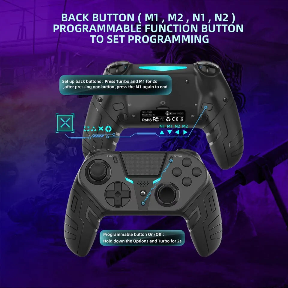Wireless PS4 Controller with Dual Vibration - Bluetooth Gamepad with Programmable Turbo Function for PS4, Android, iOS, PC Joystick