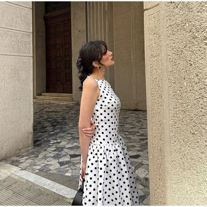 Elegant Women’s Polka Dot Maxi Dress – Chic Sleeveless Round Neck High Waist Slim Fit Vestido for Party & Street, 2025 New