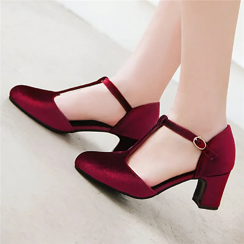 Women’s T-Strap High Heels – Velvet Mary Jane Pumps, Red & Green Party, Wedding, Office Shoes, Plus Size 45