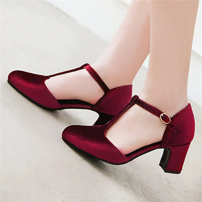 Women’s T-Strap High Heels – Velvet Mary Jane Pumps, Red & Green Party, Wedding, Office Shoes, Plus Size 45