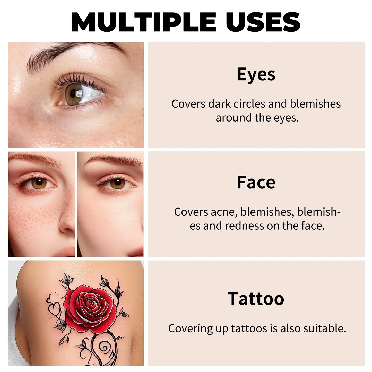 Waterproof Full-Coverage Concealer — Natural Finish Foundation for Tattoos, Scars, All Skin Tones & Types