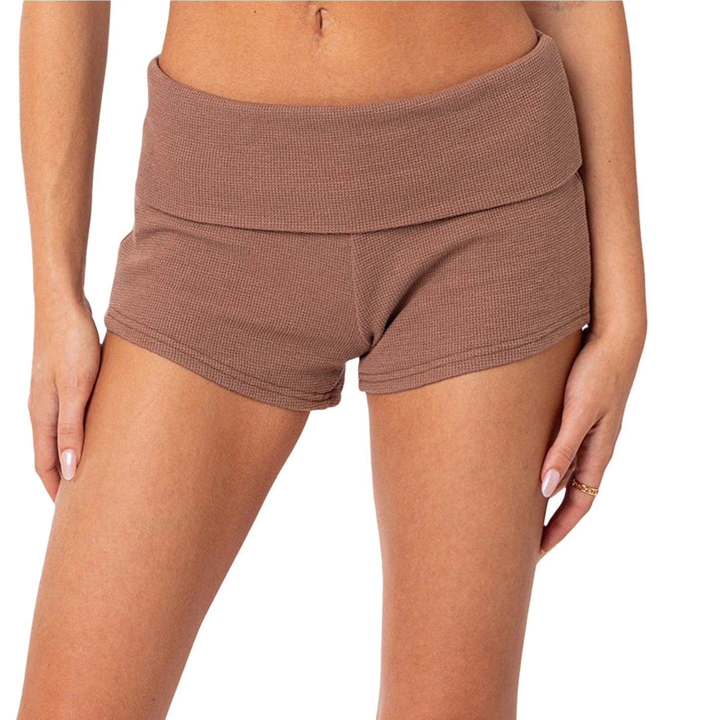 Summer Women’s Slim Solid Color Yoga Shorts — Casual Fold-Over Low Waist Lounge Shorts
