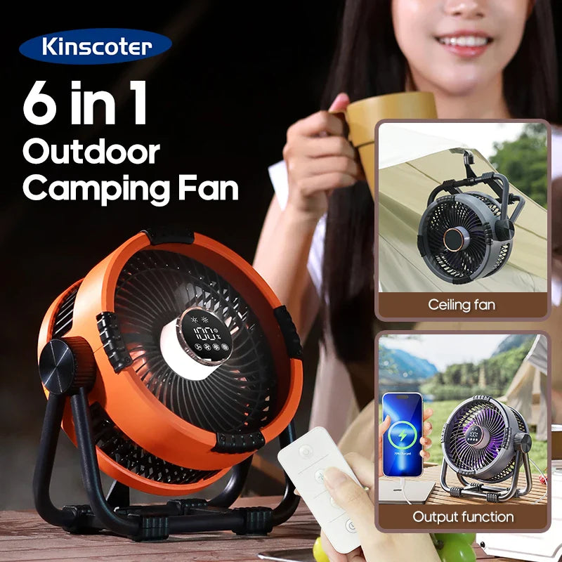 New 6-in-1 Multifunctional Desktop & Camping Fan — 20000mAh Outdoor Air Circulator with 4-Speed Wireless Tent & Ceiling Fan