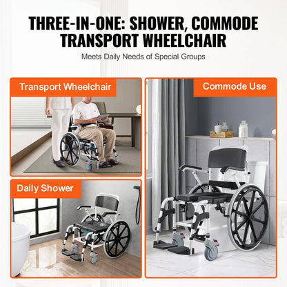 VEVOR 17.5in Shower Wheelchair – Adjustable Rolling Bathroom Chair for Disabled Adults, 300 lbs Capacity