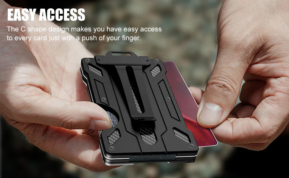 Slim Aluminum Minimalist Wallet for Men — RFID Blocking Money Clip with Clear ID Holder, Holds 15 Cards