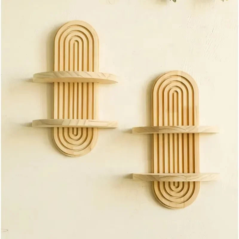 Wooden Wall-Mounted Shelves – Boho Style Rack for Living Room & Bathroom Home Decor