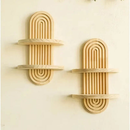 Wooden Wall-Mounted Shelves – Boho Style Rack for Living Room & Bathroom Home Decor