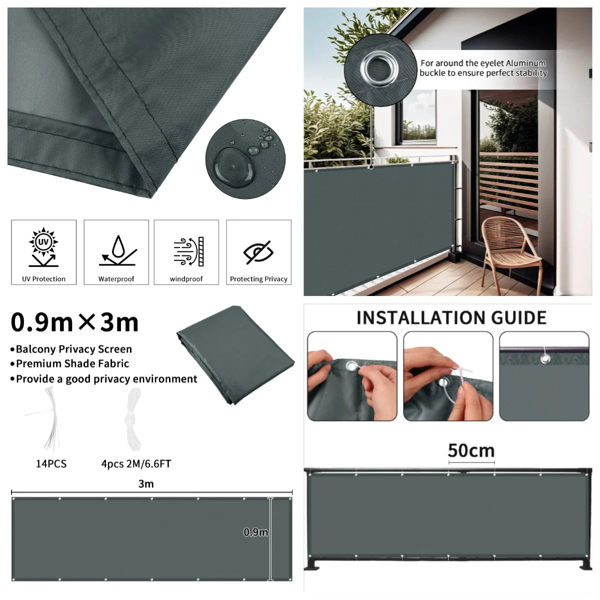 Balcony Privacy Screen Fence Cover with Grommets – Waterproof UV Protection Sunshade Cloth for Patio, Garden & Outdoor Shelter