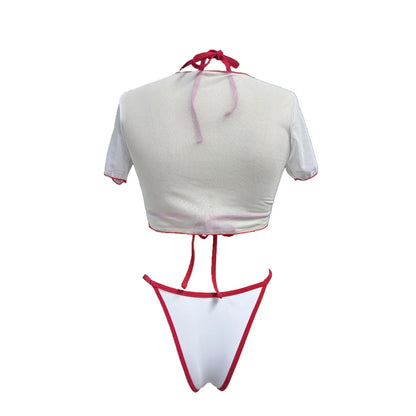 Women’s Cherry Print Three-Piece Bikini Set — Short Sleeve Swimsuit XS-L