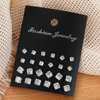 12 Pairs Square Zircon Earrings Set for Men & Women – Fashionable Simple Daily Wear Jewelry Collection, Elegant Gift Accessory Set