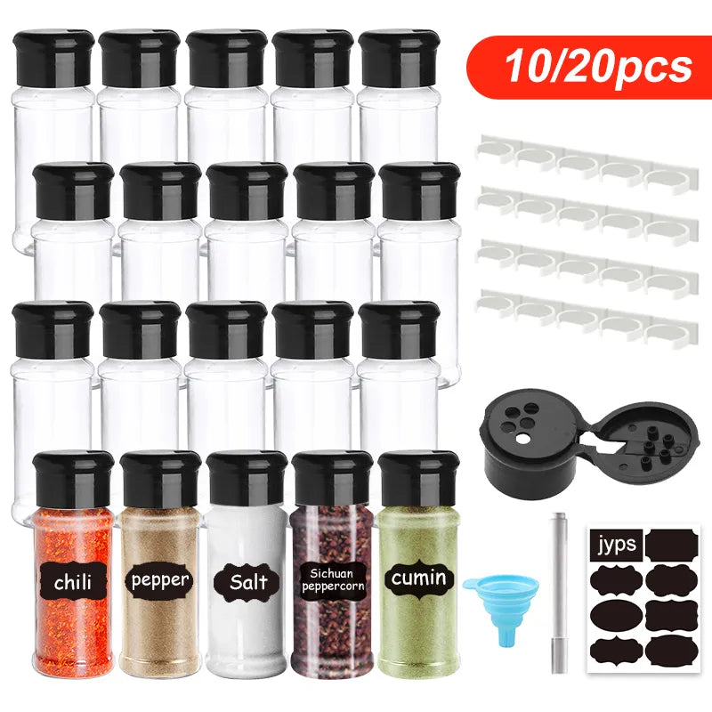 Spice Organizer Jars Set: Salt and Pepper Shaker Seasoning Jar - Plastic Barbecue Condiment Kitchen Gadget Tool (5/10/15/20PC)