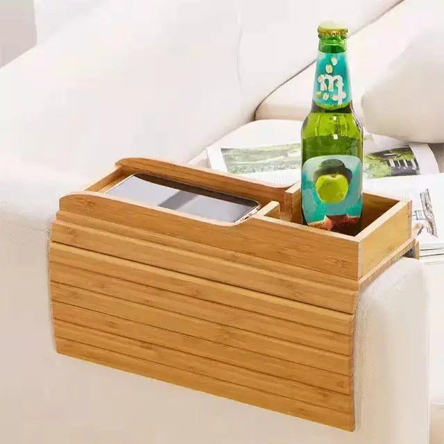 Foldable Bamboo Couch Cup Holder – Anti-Slip Multifunctional Sofa Armrest Tray for Cups & Remote Control