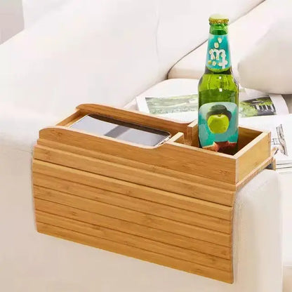 Foldable Bamboo Couch Cup Holder – Anti-Slip Multifunctional Sofa Armrest Tray for Cups & Remote Control