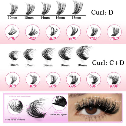 Individual Cluster Lashes – 20-100D Natural Look DIY Eyelash Extensions, 280pcs Mixed Tray Volume Lashes