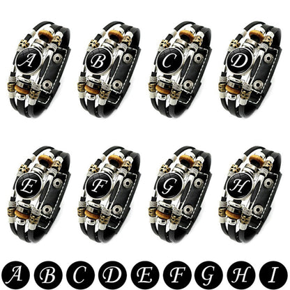 A-Z English Letters Leather Bracelet - 26 Initial Cabochon Glass Snap Wristband for Men & Women, Couple Gift