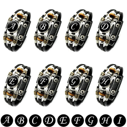 A-Z English Letters Leather Bracelet - 26 Initial Cabochon Glass Snap Wristband for Men & Women, Couple Gift